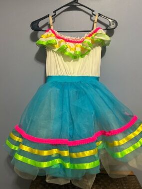 Girls Blue & Cream Tulle Dance Costume with Neon Trim. Used once
